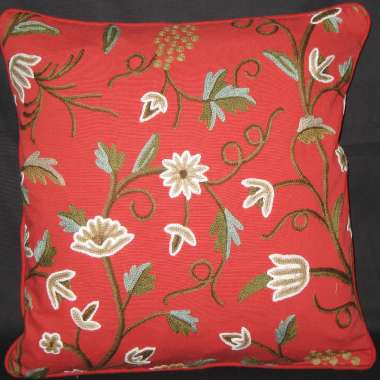 Crewel Pillow Cholie Design on Red Cotton Fabric